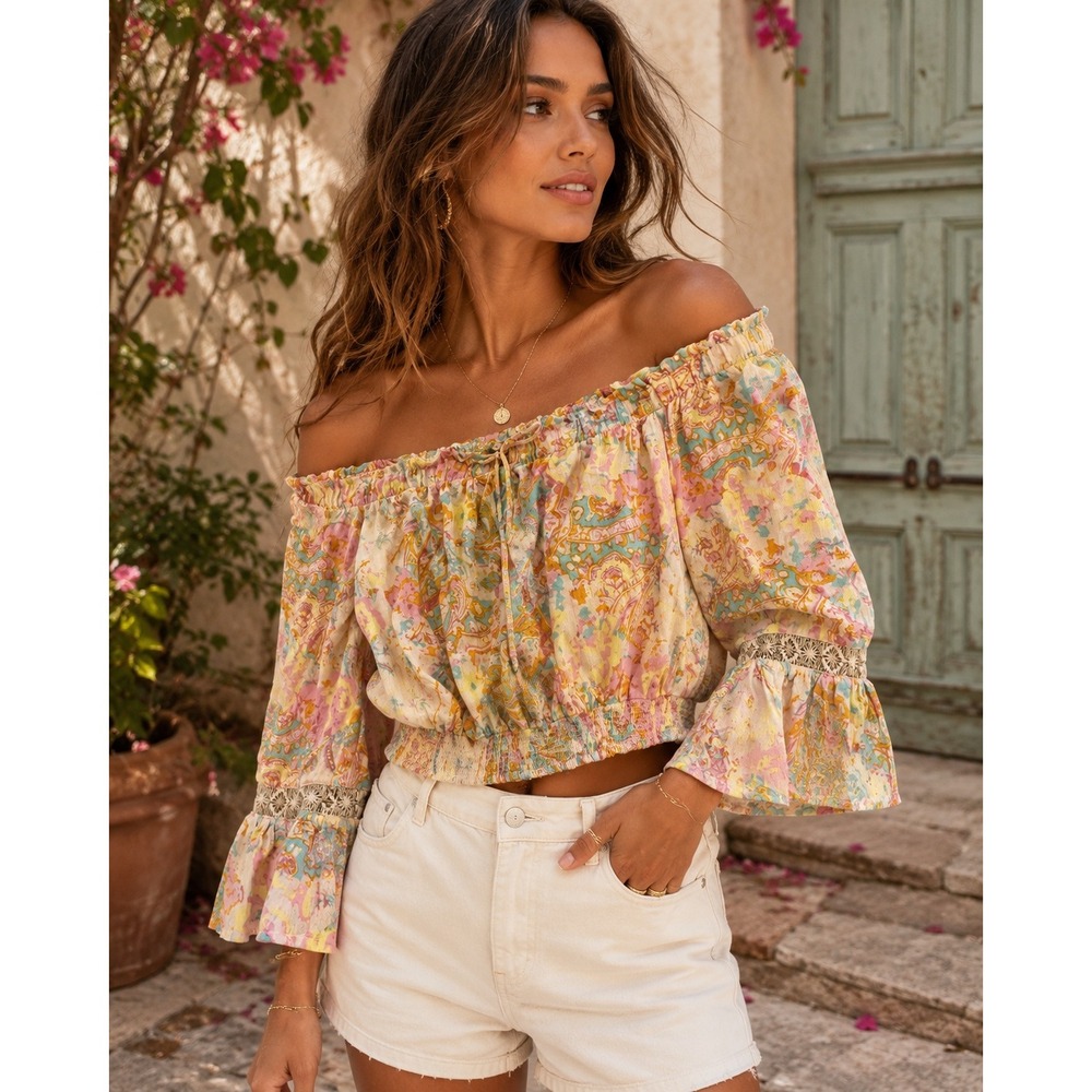 Boho Paisley Off Shoulder Crop Top Fairycore Festival Peasant Blouse SZ L